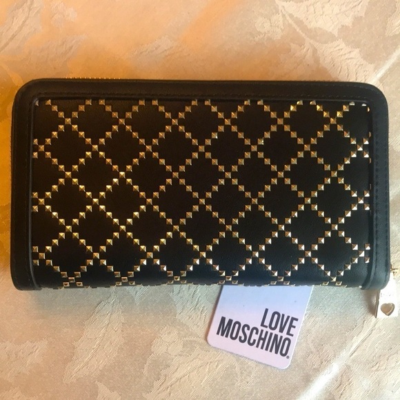 Brand New Love Moschino Black Gold Studded Zip Around Portafogli Nero Wallet - Picture 3 of 14